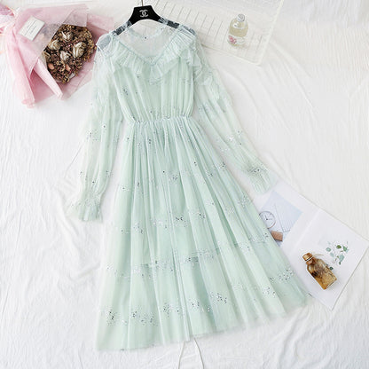 Ruffled suspender fairy Sequin mesh dress  3940