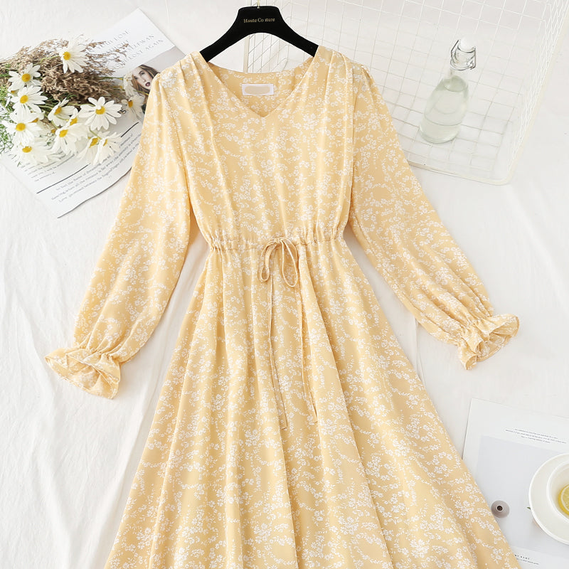 Chiffon floral dress with slim waist and gentle lady skirt  4091
