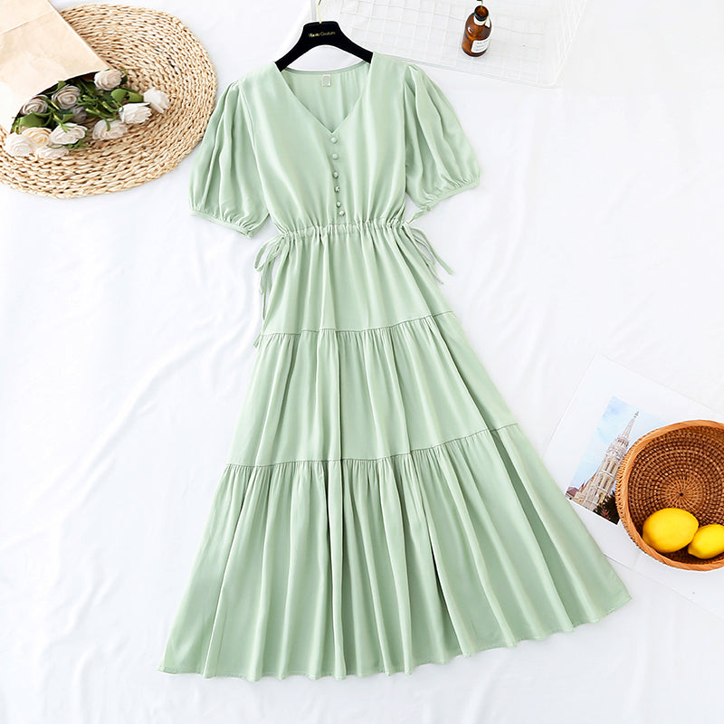 The new lace up waist shows thin temperament, French minority retro long skirt  4512