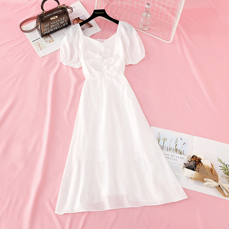 Bubble sleeve French retro long skirt  4187