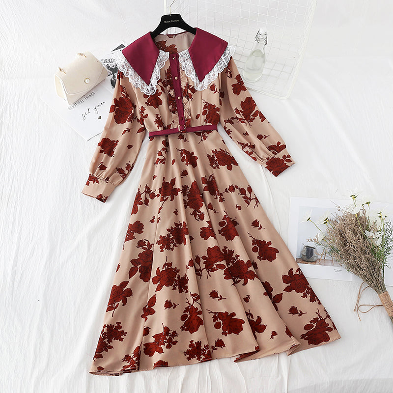 Gentle wind Vintage Lapel lace stitched Chiffon Skirt  4095