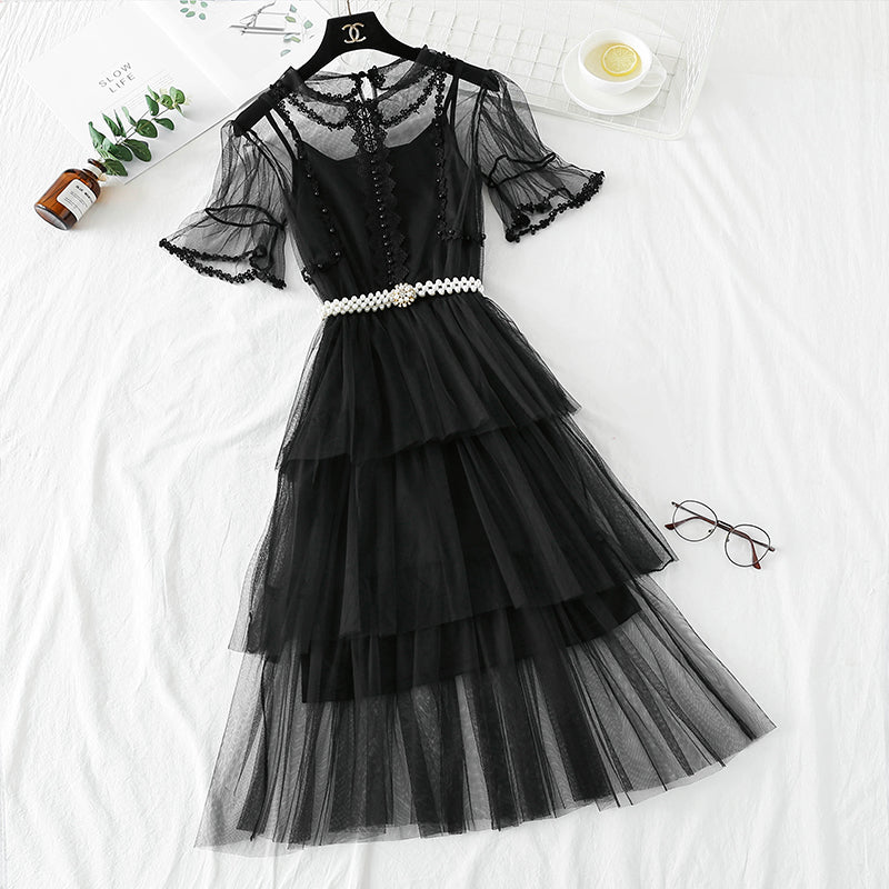 Mesh dress high waist layered cake skirt  4338