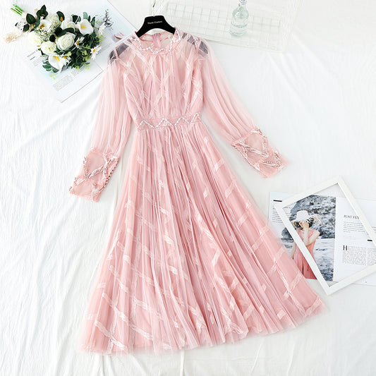 Slim waist, sweet pearl Sequin gauze Fairy Dress  3901