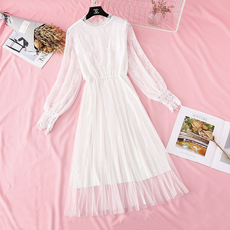 Golden velvet mesh dress lace pleated long skirt  4373