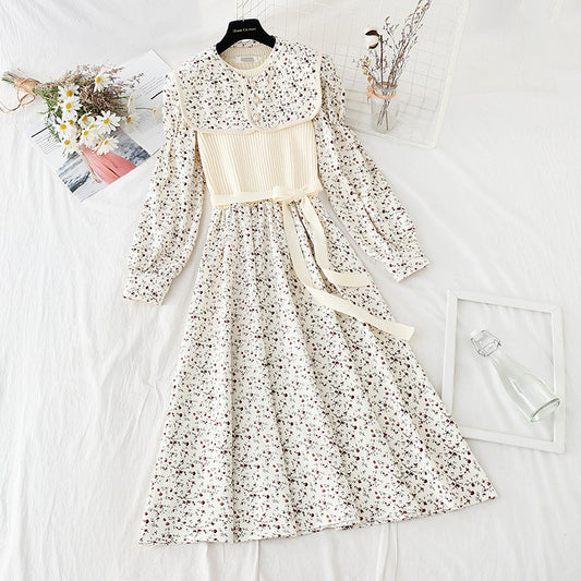 Lapel patchwork floral dress versatile aging skirt  4070