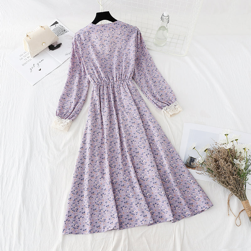 Lace stitched chiffon skirt shows thin elastic waist temperament  4080