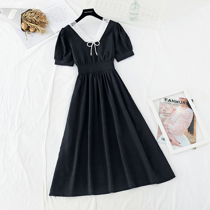 Pearl Square Neck skirt with a slim waist French dress  4190
