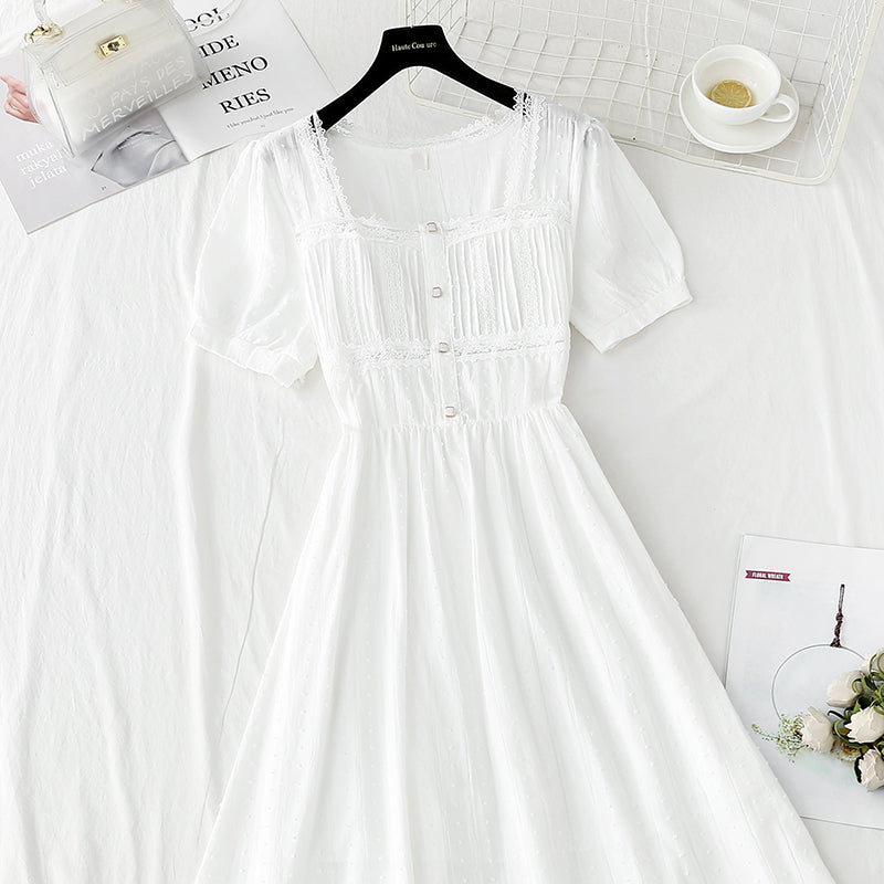 French Square Neck Lace stitching, waist closing, thin first love skirt  4240