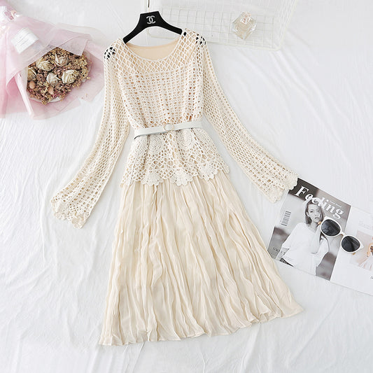 Hollowed out lace blouse Chiffon Dress  4010