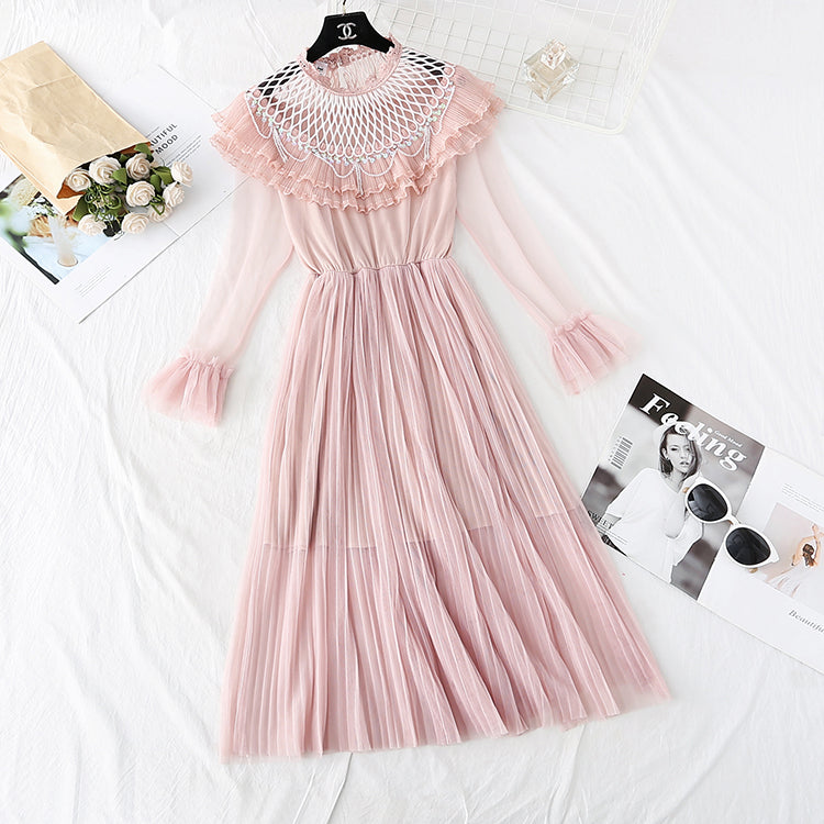 Mesh dress women's new Ruffle pleated long skirt  4014