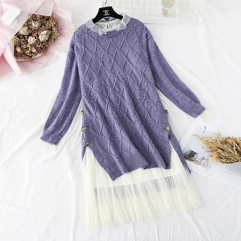 Retro-Pullover-Pullover + Rock mit Netzboden, zweiteiliger Anzugrock 3957