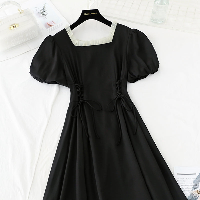 French retro square collar first love waist closing thin fairy skirt  4223