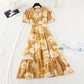 V-neck bubble sleeves, slim waist, large hem and long skirt  4199