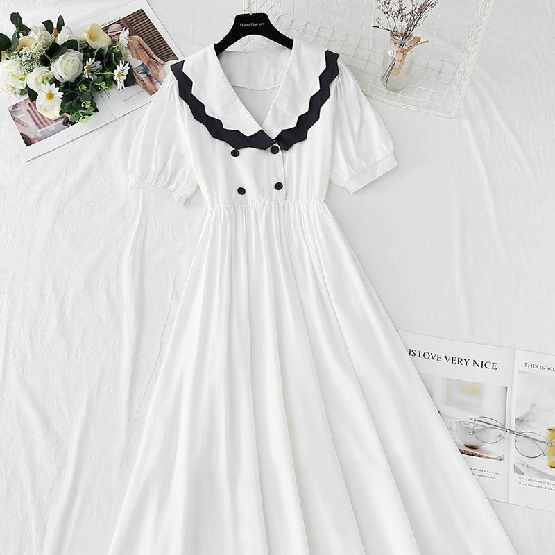 French retro doll collar bubble sleeve waist closing tea break skirt  4268