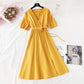 Lace up waist for thin temperament French retro bubble sleeve long skirt  4146
