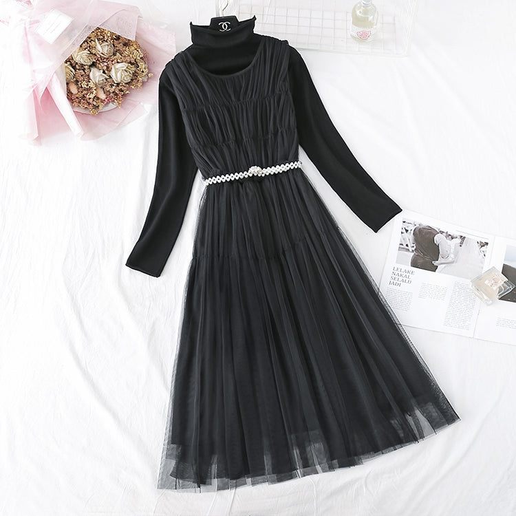 Mesh vest skirt + high neck bottomed shirt two-piece set  4376