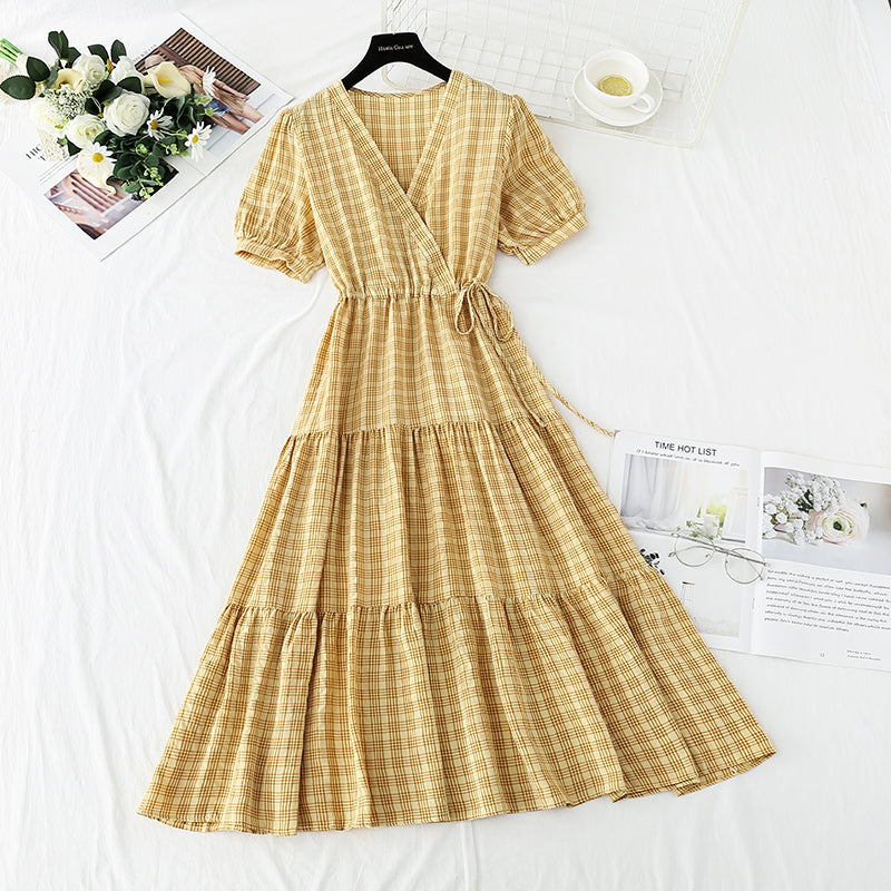 French retro V-neck dress with slim waist  4269