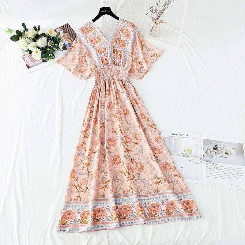 Robe en coton et lin style rétro français col en V style national 4258