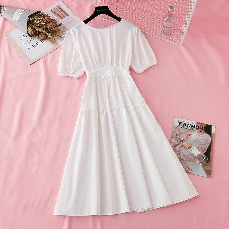 Narrow waist, bubble sleeves, French minority first love long skirt  4152