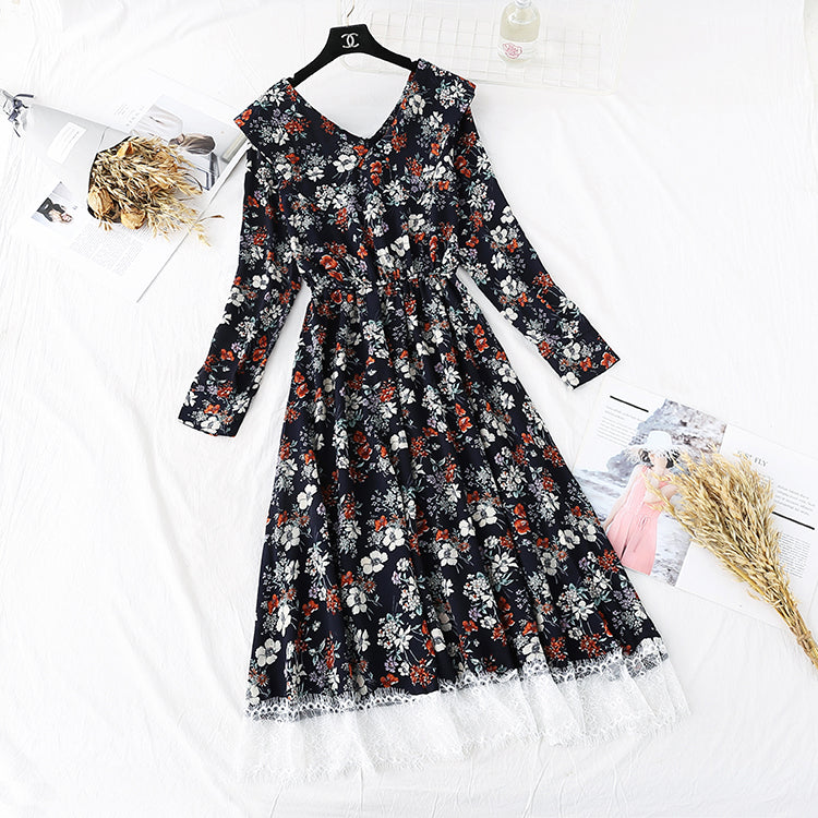 Französisches Retro-Super-Fee-Spitzen-Patchwork-Blumenkleid 4002