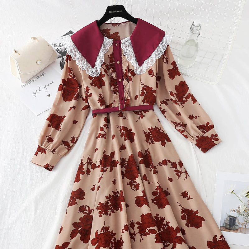 Gentle wind Vintage Lapel lace stitched Chiffon Skirt  4095