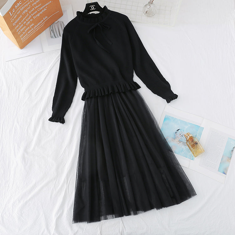 Ruffle knit dress suspender mesh skirt  4360