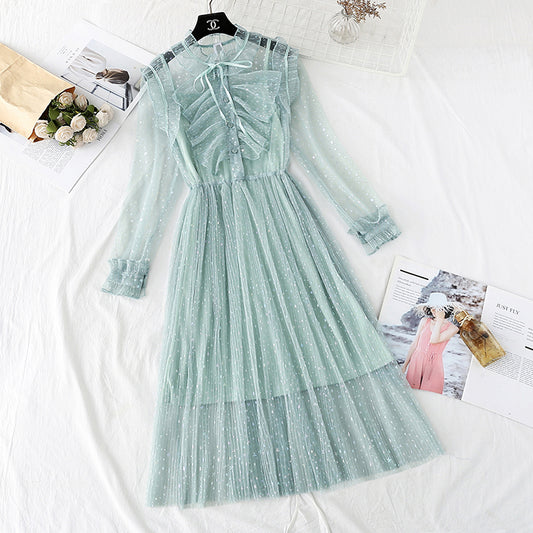 Fairy gauze French retro star Sequin long skirt  3958
