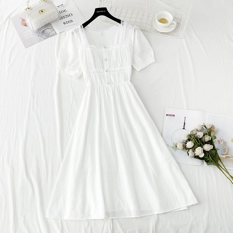 French Square Neck Lace stitching, waist closing, thin first love skirt  4240