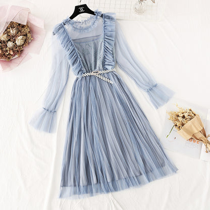 French retro knee pleated long skirt  4043