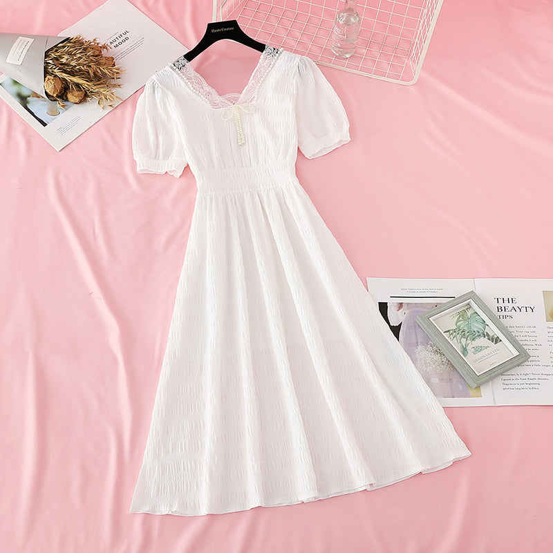 Pearl Square Neck skirt with a slim waist French dress  4190