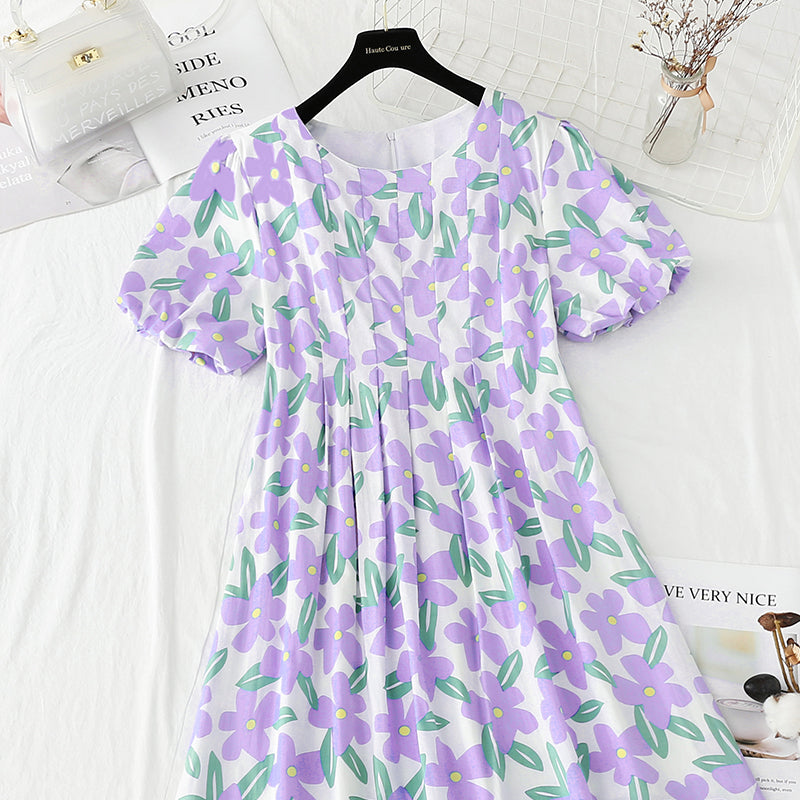 Bubble sleeve cotton linen dress gentle wind broken flowers  4248