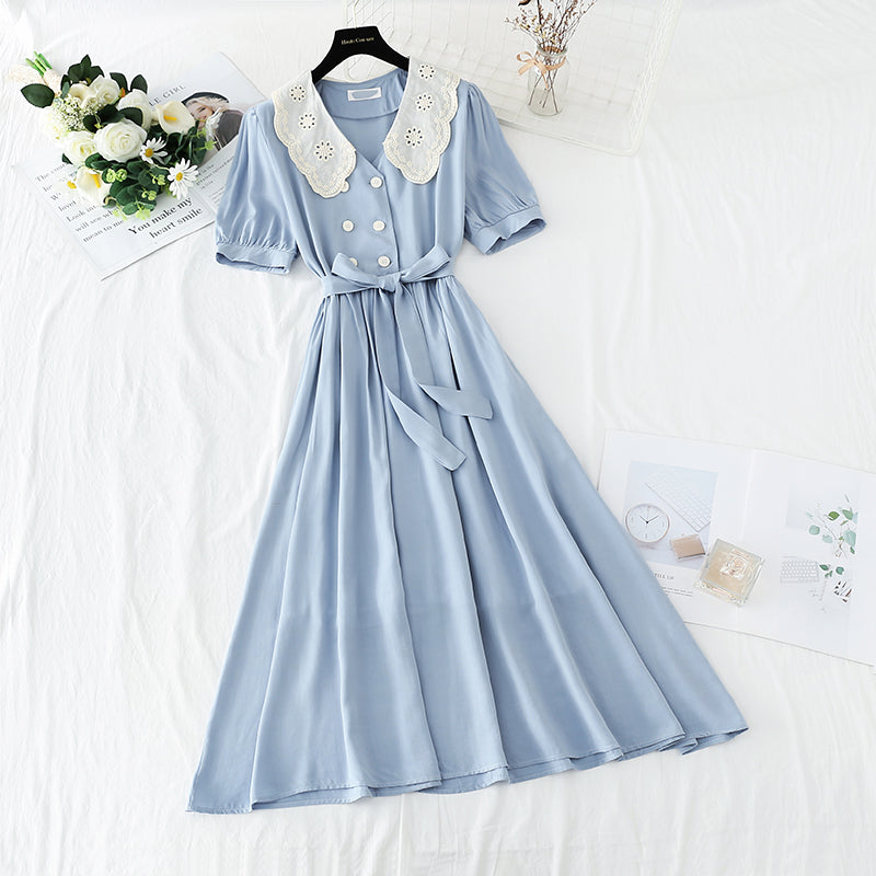 Baumwoll-Leinen-Kleid Französischer Retro-Fee langer Rock Platycodon grandiflorum Rock 4227