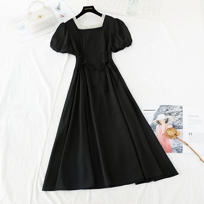 New French retro square neck first love waist slim fairy skirt  4226