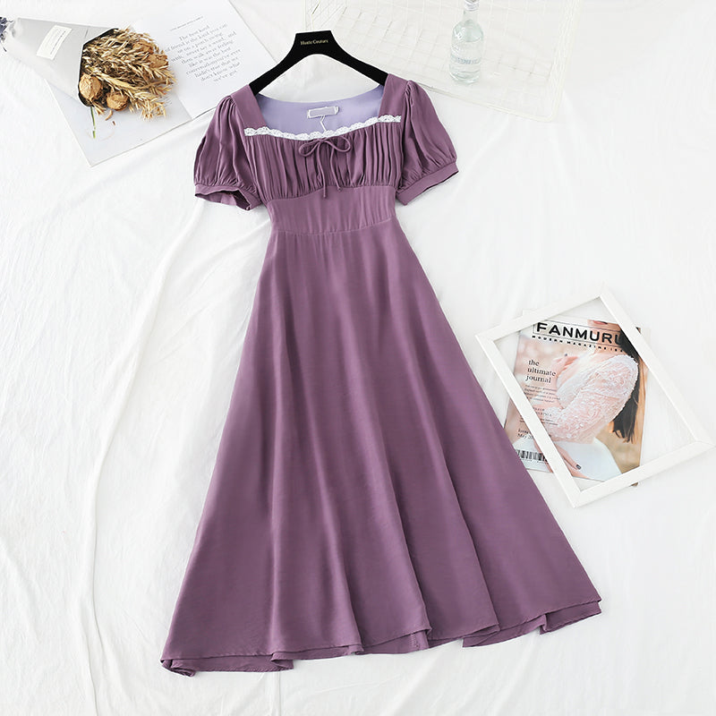 Close waist for thin temperament Square Neck Lace Edge French style  4193