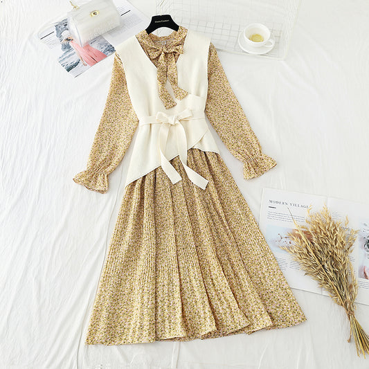 Suit knitted vest Pleated Chiffon Skirt two piece long skirt  3909
