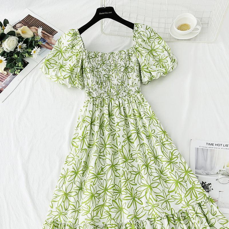 French retro dress with bubble sleeves and slim waist  4270