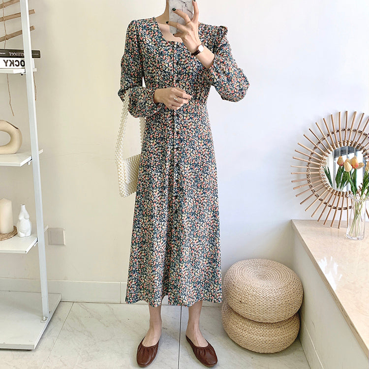 Knielanges Vintage-Blumenkleid mit eckigem Ausschnitt und Schnürung 3911