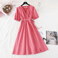 Lace up waist for thin temperament French retro bubble sleeve long skirt  4146