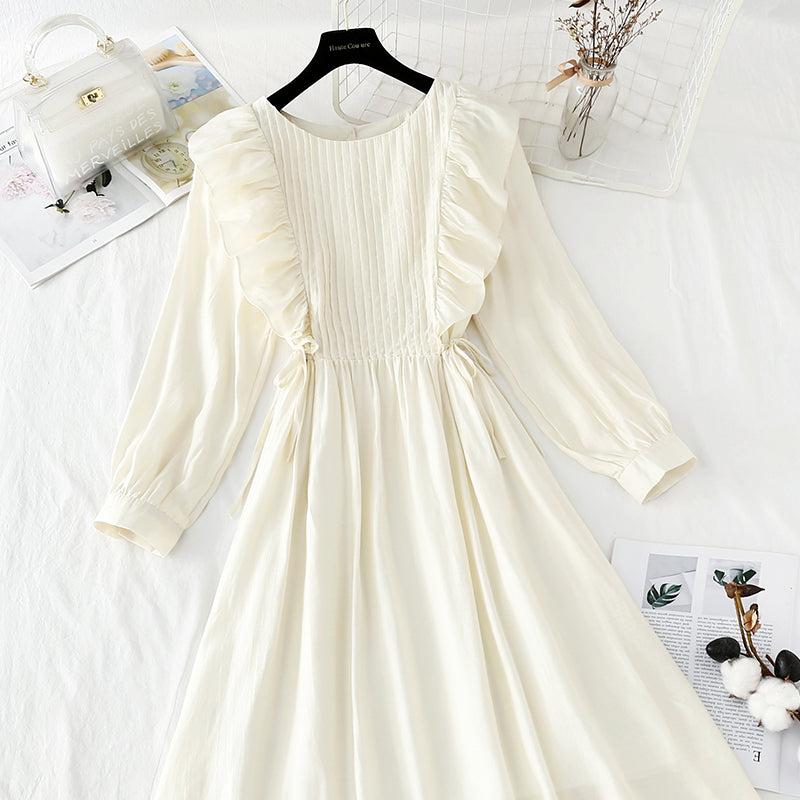 Langärmliges weißes Kleid French Simple Temperament 4225