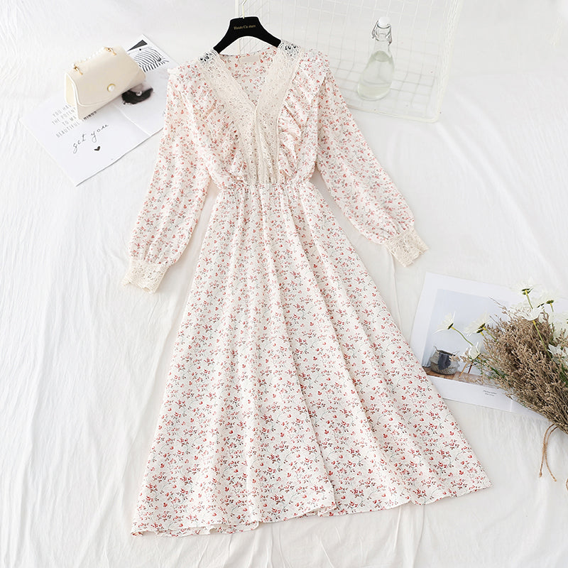 Lace stitched chiffon skirt shows thin elastic waist temperament  4080