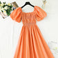 New French square neck off shoulder bubble sleeve cotton linen dress  4255