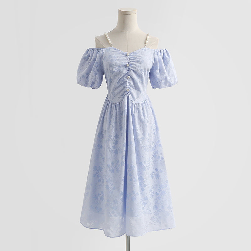 Französisches schulterfreies Kleid aus Baumwollleinen mit Hosenträgern 4293