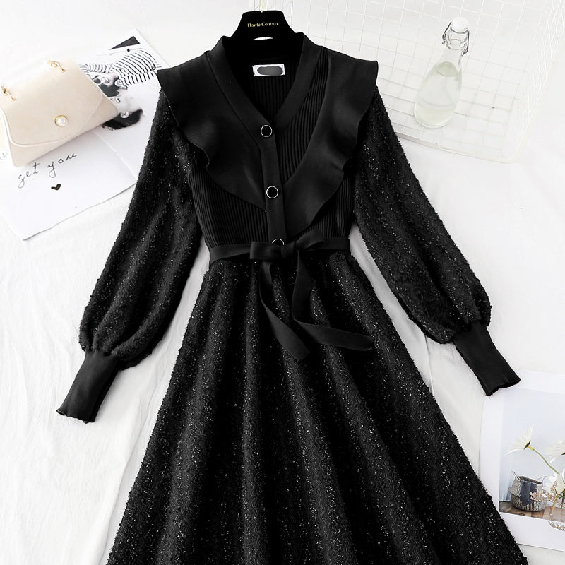 Thin wood ear lace up red dress female  4093