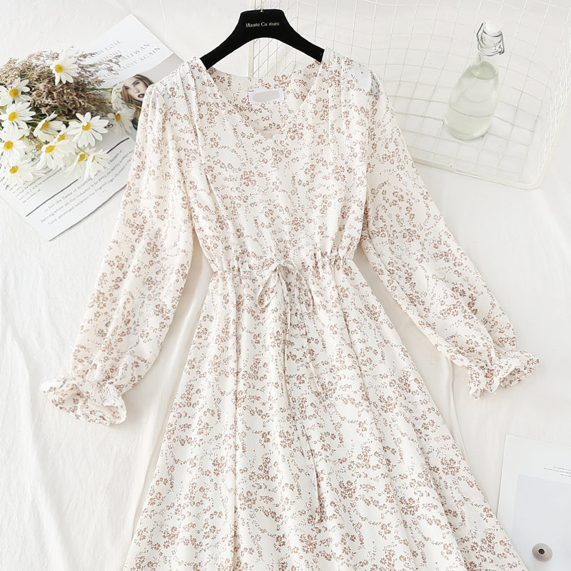 Chiffon floral dress with slim waist and gentle lady skirt  4091