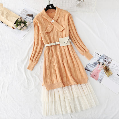 Knee sweater mesh cake skirt suit foreign style  3952