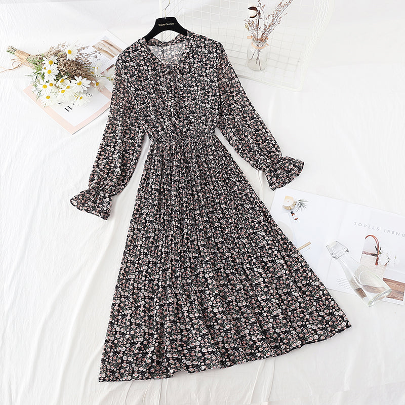Chiffon bow pleated skirt elastic waist temperament thin age reducing Floral Dress  4087