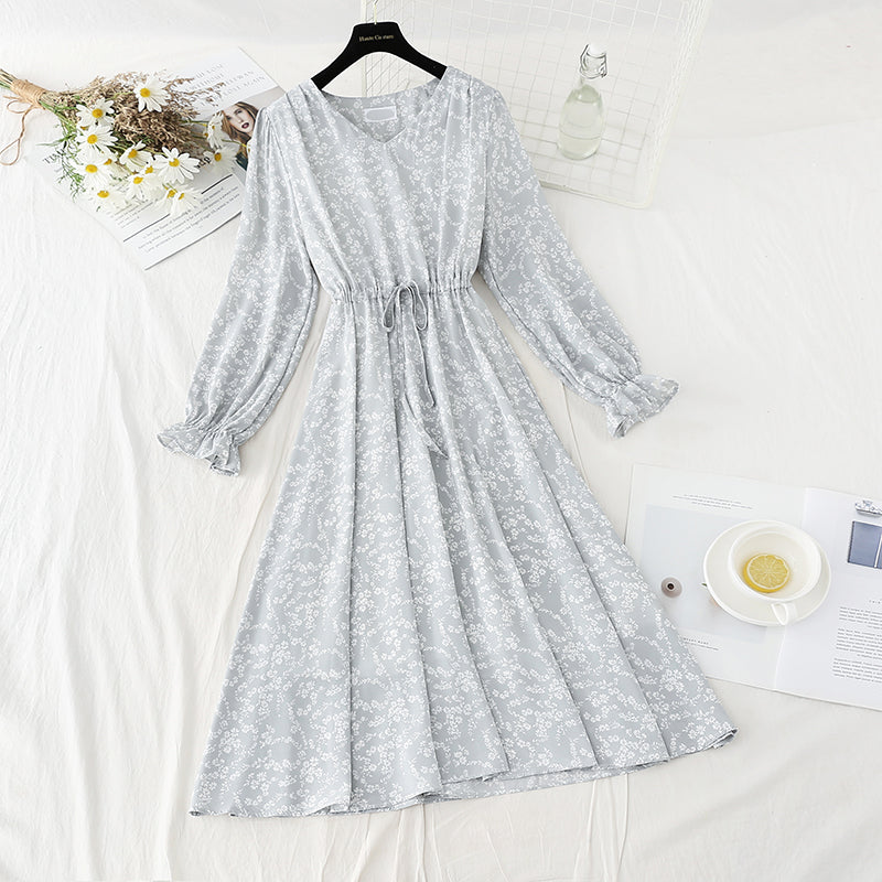 Chiffon floral dress with slim waist and gentle lady skirt  4091