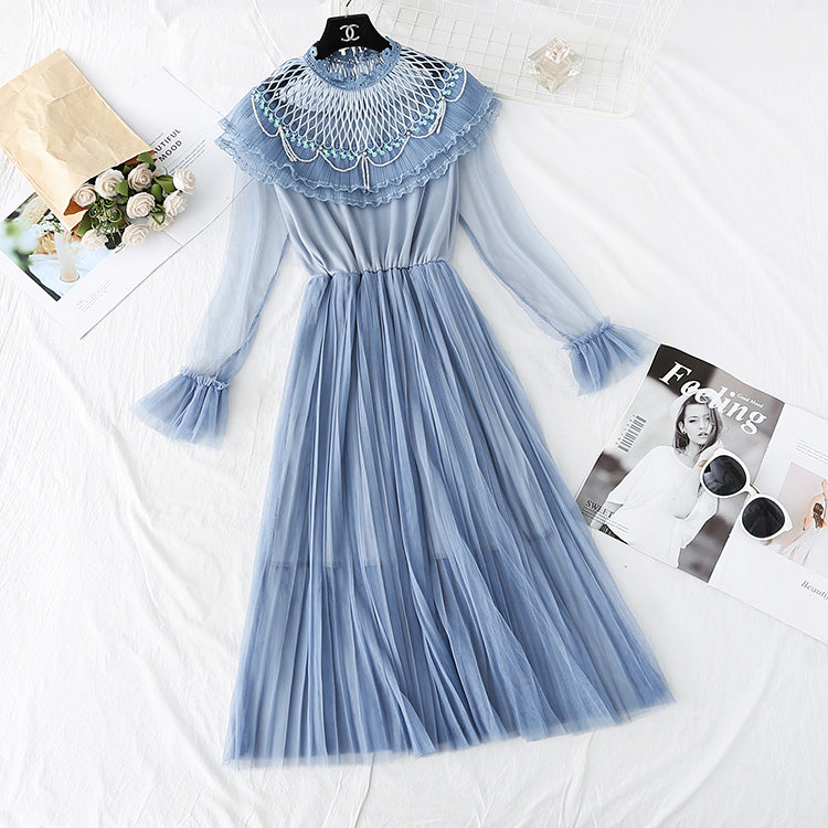 Mesh dress women's new Ruffle pleated long skirt  4014
