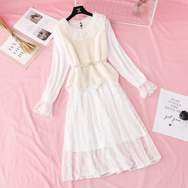 Knitted vest mink sweater lace skirt set two piece set  3993