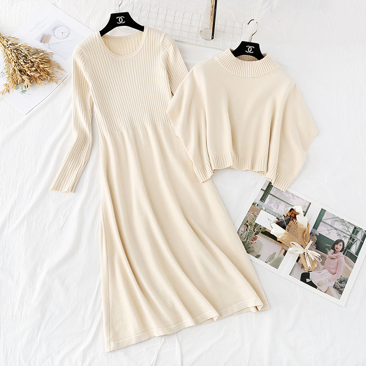 French retro waist closing thin temperament sweater long skirt suit  3943